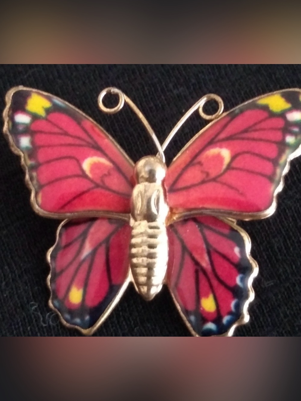 Vintage Enamel butterfly 1” pin wing detail yellow, red, black, gold antennae